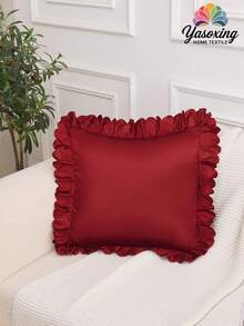 1 件缎面酒红色勃艮第蕾丝荷叶边装饰靠垫套（无填充物），奢华丝滑现代抱枕套，适用于家庭、沙发、客厅家居装饰床上用品沙发抱枕套 [无枕芯]，适合日常使用，高端简约设计，客厅、卧室、小型车 - 酒紅色 - 查看 6