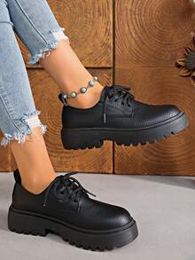 时尚玛丽珍女鞋，黑色系带厚底休闲皮鞋，春秋新品 - 黑色 - 查看 3