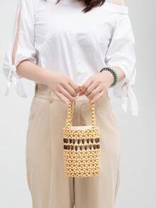 ENSPT Einteiliges Farbblockdesign Perlen Cut Out Ahornholz Material Damen Handtasche mit Kordelzugverschluss und abnehmbarer Innentasche, Eimer Tasche für Damen Strandurlaub und Reisen.