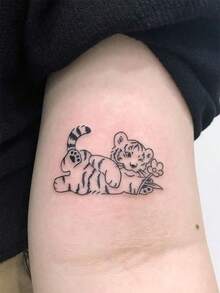 1 件可移除防水临时纹身贴纸，可爱斜倚老虎和花朵图案，适合人们日常使用 - 黑色 - 查看 3