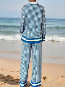 女士宽松休闲沙滩度假格子撞色柠檬沙丁鱼印花长袖上衣和裤子两件套，秋冬春季 - 藍色 - 查看 2