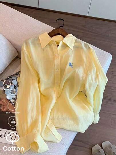 Look Polly Chemise graphique à manches longues de couleur unie pour femmes, mode décontractée à simple boutonnage en coton jaune beurre traçable pour l'automne. Design avec poche, vêtements de retour à l'école, style "Old Money" pour femmes