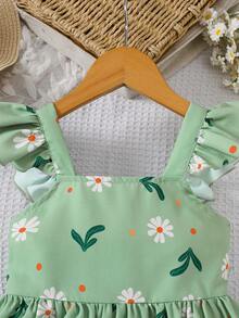Vestido Casual de Férias de Cintura Marcada sem Mangas com Estampa Floral, Primavera/Verão, para Meninas Jovens - Verde - Visão 3