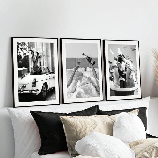3pcs Unframed, Canvas Poster, Girls Just Want To Have Fun, Black And White Luxury Fashion Photography Poster Fashion Poster, Luxury Car Poster, Wall Art, Perfect For Living Room, Bedroom, Office, Kitchen, Dining Room, Bar Wall Decoration Creative Gift, Printed Art Wall Art