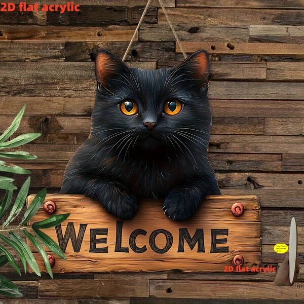 Letrero de madera plano 2D de 1 pieza con diseño de gato negro de bienvenida, decoración rústica colgante de pared, estilo granja, decoración multifuncional para patio y el hogar, idioma inglés, apta para porche, jardín, regalos festivos, 2D plana