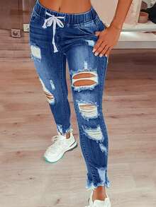 Womens Plus Size Skinny Jeans Stretchy High Waisted Ankle Jean Ripped Slim Fit Washed Denim Distressed Tight Jean - Rửa tối - Xem 1
