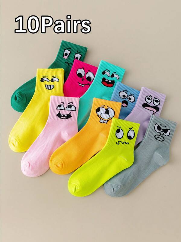 10 Pairs Unisex Funny Expression Printed Candy Color Casual Fashionable Versatile Breathable Mid-Calf Socks, Couples Crew Socks