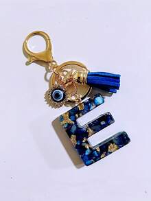 1pc Chic Blue Resin Alphabet Initial Keychain With Evil Eye & Tassel - Stylish Oblong Letter Charm, Rhinestone Embellishments, Lobster Clasp - Perfect Everyday Accessory & Thoughtful Gift For Women, Ladies Key Ring Backpack For School Car Accessories Cute Goth Y2k - Multicolor - View 28