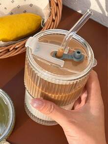 1套咖啡杯套装-（带盖吸管款和裸杯款）简约透明咖啡杯，家用冷饮杯，牛奶杯，果汁杯，汽水杯，冰淇淋杯-厨房小工具，咖啡厅，餐厅，夏季旅行咖啡杯套装 - 彩色 - 查看 7