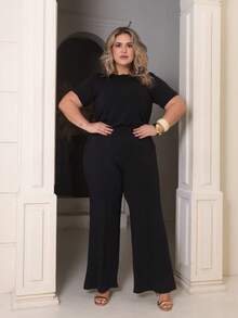 Women's Plus Size Set Of Sweatpants And Short-Sleeved Top - Black - View 3