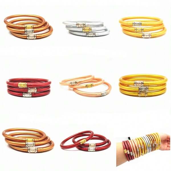 3 Stücke/Lot Tempel Buddha Mädchen Armreifen Mix goldener buddhistischer Stroh Armbänder Glückssymbol Silikon Armband für Frauen Mädchen