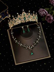 4pcs/Set Girls Children Rhinestone Alloy Crown Necklace Earrings Jewelry Set, Holiday Decoration Accessories, Suitable For Performing, Birthday Party, Suitable For Older Kids And Toddlers