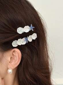 2 piezas de pasadores para el cabello con clip lateral para mujeres, accesorios para el cabello de verano con adornos de estrella de mar, concha y perla