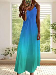 Fashionable & Casual Holiday Style Lightweight Elegant Fitted V-Neck Vacation/Outdoor/Home/Work Summer Dress With Ombre Color Print, Women - Blue - View 3