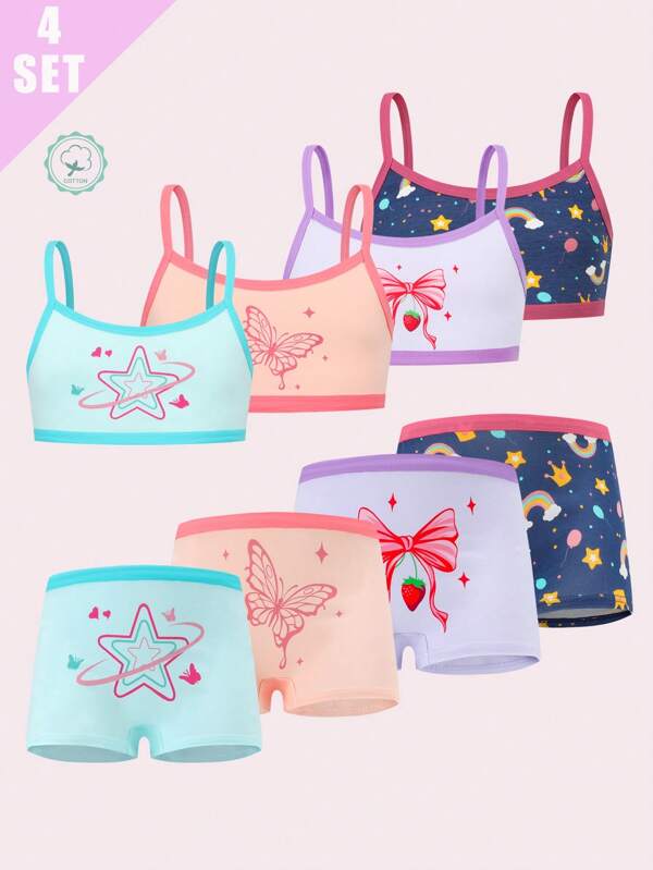 4pcs/Set Soft Cotton Girls Underwear Set, Comfortable Breathable Cute Cartoon Girls Vest Suits