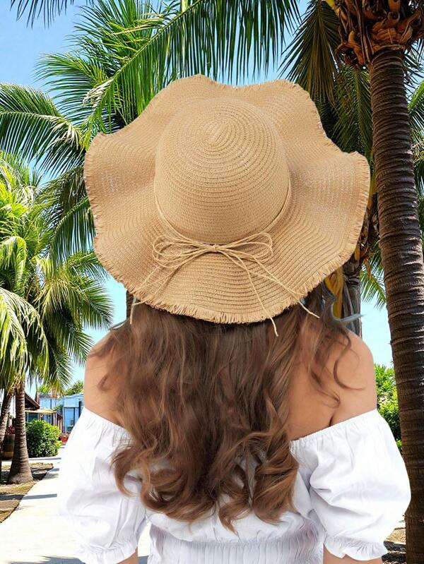 1 Stück Damen Hut für Frühling/Sommer mit Wellen-Krempe und Schleifenband, ideal für Strand, Reise oder Urlaub Bohème Strohhüte