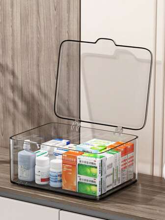 1pc Medicine Organizer Storage Box, Transparent Desktop Storage Case, Dustproof Storage Container With Flip-Top. Household Mini Medicine Organizer. Multi-Functional Storage For Cosmetics, Facial Mask, Stationery, Sundries