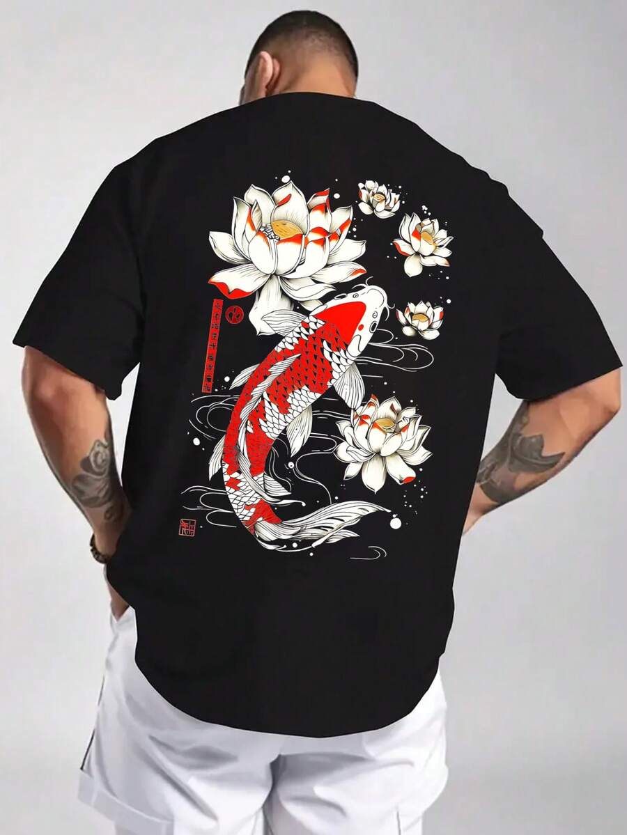 Plus Size Men's Casual Koi Fish & Lotus Flower Print Round Neck Short Sleeve T-Shirt, Summer, Grunge Style - Black - View 1