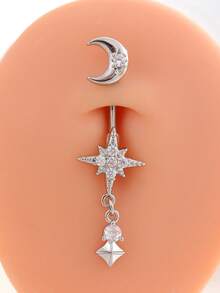 1 件不锈钢月亮和八角星肚脐环吊坠，性感肚脐穿孔首饰，适合日常佩戴 - 銀色 - 查看 2