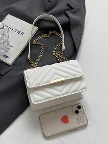 女士时尚纯色及印花宽肩带硬壳手提包/单肩包 - 白色 - 查看 4