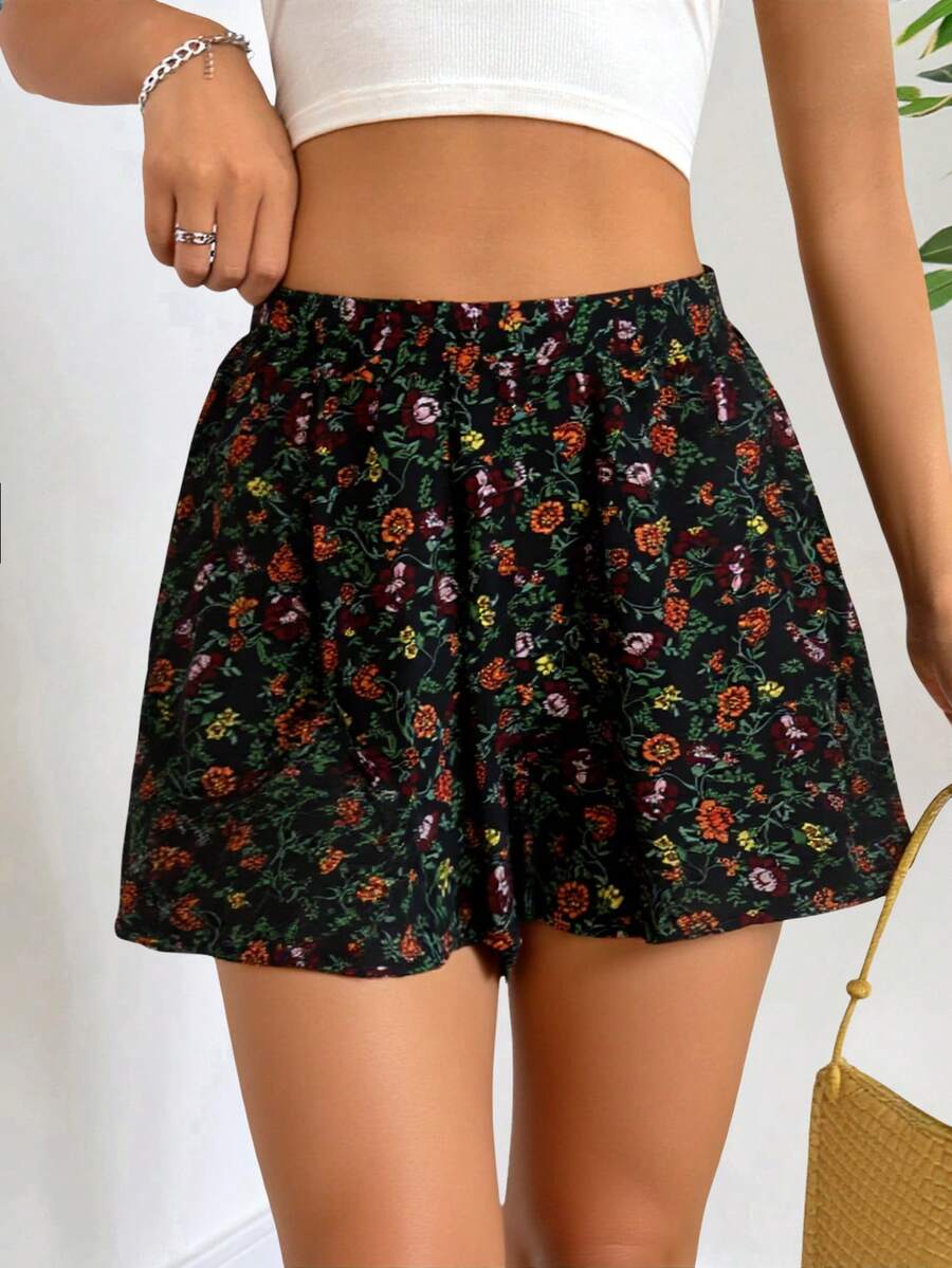 Short corto dama mujer estampado floral femenino fresco verano comodo playa casual - Negro - Ver 1