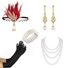5-Piece Set, 1920s Gatsby Collection Retro Elegant Hepburn Style Accessory Set, Wedding Celebration Makeup Ball Bachelor Party Decoration Accessory Set, Rhinestone Feather Headband, Pendant Earrings, Faux Pearl Necklace Bracelet, Gloves Prom - Red - View 6