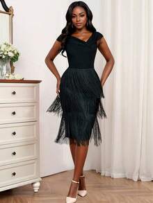 Women's Black Asymmetric Asymmetrical Shoulder Short Sleeve Dress, High Waist Slim Fit, Multi-Layer Tassel Decor, Suitable For Birthday Party, Formal Dinner, Homecoming, Date, Party, Wedding, Bridesmaid, Graduation Ceremony, Wedding Guest, Cocktail Party - Black - View 1