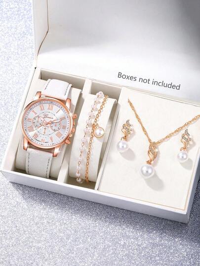 مجموعة ساعة نسائية مع قرص على شكل قلب أنيق، ساعة كوارتز، مقترنة بقلادة من اللؤلؤ الاصطناعي، أقراط وسوار، مناسبة للارتداء اليومي، هدية عيد ميلاد، حفلة، تجمع عطلة، هدية مثالية لنفسك أو الأصدقاء. لا يوجد تغليف.