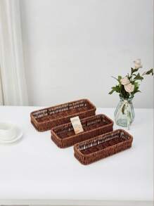 1pc Imitation Rattan Storage Basket, 3 Sizes Creative Portable Household Spoon Fork Knife Storage Container Suitable For Knives, Forks, Spoons, Tableware, Makeup Tools, Office Stationery, Tool Desktop Storage, Tableware Drainage Storage Box, Household Tableware Storage Box, Kitchen Accessories.