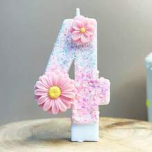 1pc Pink Flower Digit Birthday Cake Candle, Party Festival Birthday Decor Handmade Sparkling Glitter Candle - Pink Daisy - View 7