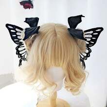 Horquilla gótica con alas de para Cosplay, tocado de demonio, cuernos Harajuku, pinza para el pelo de plumas bordadas, accesorios de Anime - Rosa - Ver 1