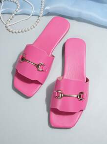 Women's Metal Buckle Slip-On White Sandals, Summer