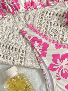 女士新款西式时尚沙滩度假休闲碎花露背比基尼两件套泳衣夏季