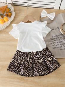 3pcs Set Baby Girls Casual Leopard Print Bow Short Sleeve Bodysuit + Leopard Bow Skirt + White Headband, Spring/Summer - Multicolor - View 2