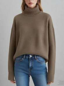 GIGOGOU 秋冬保暖女士宽松高领毛衣休闲长袖上衣秋季衣服 - 咖啡棕 - 查看 7