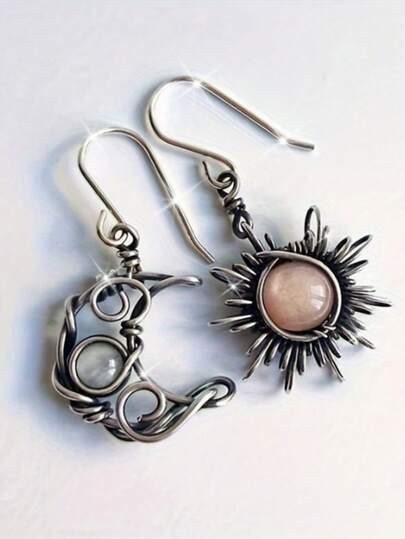 Bohemian Sun And Moon Earrings - Silver Color Crystal Drop Earrings For Women - Fashionable Boho Jewelry Gift