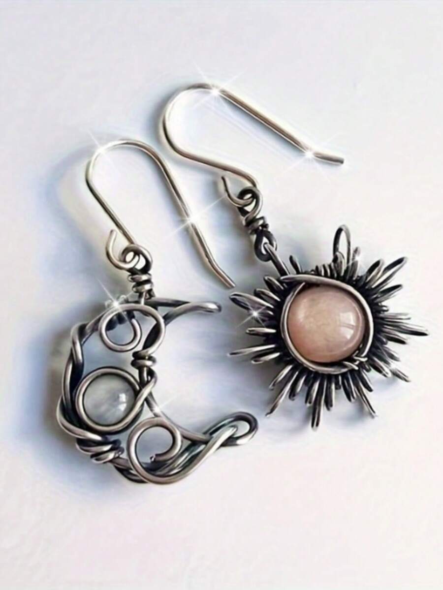 波西米亚太阳和月亮耳环 - 女士银色水晶吊坠耳环 - 时尚波西米亚风格珠宝礼物 - 復古銀色 - 查看 1