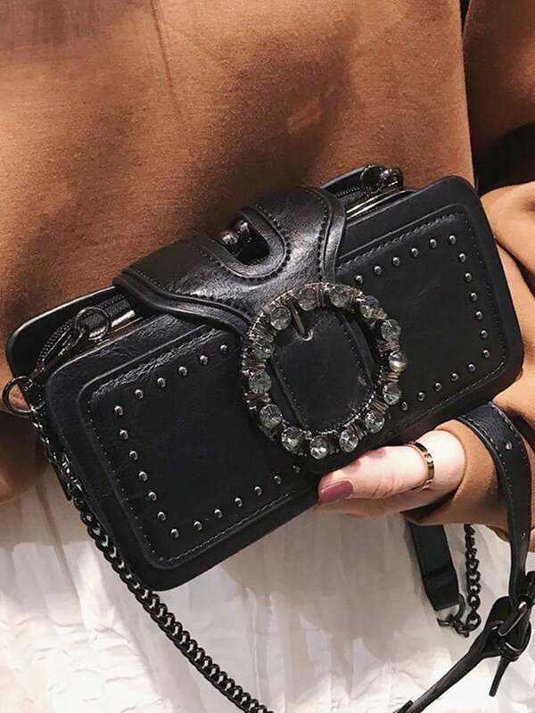 Women Mini Shoulder Bag Vintage Studded Biker Crossbody Bag With Multiple Pockets, Black Handy Phone Pouch