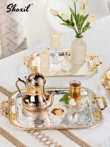 shoxil 1 件中东风格金色镶边托盘带手柄，储物托盘适用于存放咖啡壶和咖啡杯/茶杯，托盘，食物展示盘，用于存放饰品的装饰托盘，适用于客厅展示，餐厅招待，茶室装饰，送礼，咖啡厅装饰 - 托盤 - 查看 7