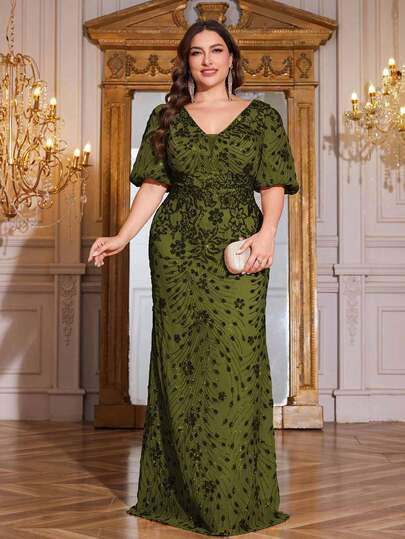 hezixi Plus Size Women High-Quality Stretch Sequin Fitted V-Neck Lantern Sleeve Elegant Formal Cocktail Party Evening Gown Dress, Luxurious Design