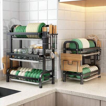 Escorredor Duplo de 16 Pratos e Louças Preto Pia Cozinha Porta Talher  Organizador  Louças Rack