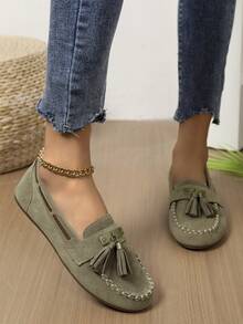 Sepatu Kasual Wanita Model Loafer Datar dengan Rumbai, Sepatu Datar Slip-On Sol Lembut dengan Pita Warna Polos untuk Semua Musim 2025, Koleksi Terbaru - Khaki - View 3