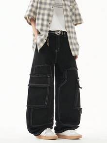 1 quần Jeans Baggy nhiều túi Justice Brother Workwear, Quần ống rộng phong cách Mỹ Hip Hop High Street, Quần ống rộng đa năng cho nam - màu đen - Xem 5