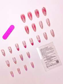24 件/套法式杏仁形优雅 3D 贝壳、水滴、蝴蝶和花朵设计按压式指甲，含 1 件果冻凝胶和 1 个指甲锉，浪漫甜美外观，适合日常佩戴和约会美甲用品 - 彩色 - 查看 3