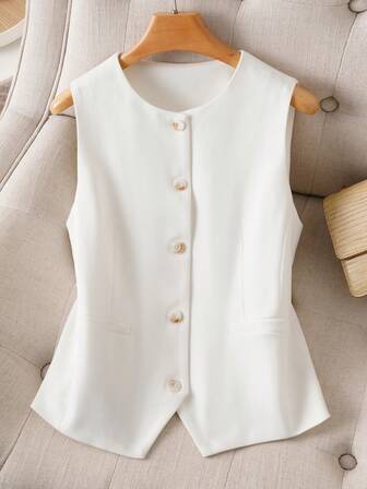 女士纯色背心，圆领夹克，修身剪裁，春秋装，时尚通勤，前开襟，女士服装