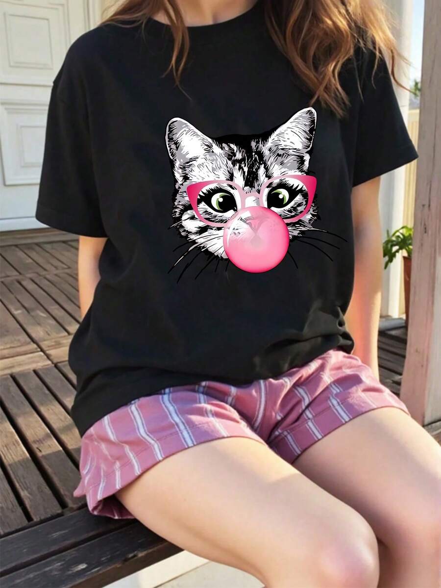 Tween Girls' Casual Funny Print Crew Neck Short Sleeve T-Shirt Top, For Summer - Black - View 1
