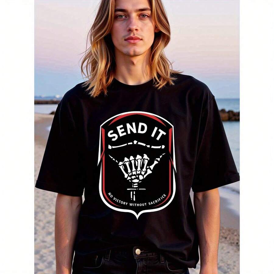 Natee Send It: No Victory Without Sacrifice, Religious T- Shirt Funny Men' S Short Sleeve Pattern T- Shirt Series Black Suitable For Valentine' S Day, Unique And Interesting Print Patterns, Punk Gothic Style Fit For Men - 黑色 - 查看 1