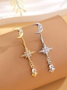 1 件不锈钢月亮和八角星肚脐环吊坠，性感肚脐穿孔首饰，适合日常佩戴 - 銀色 - 查看 1