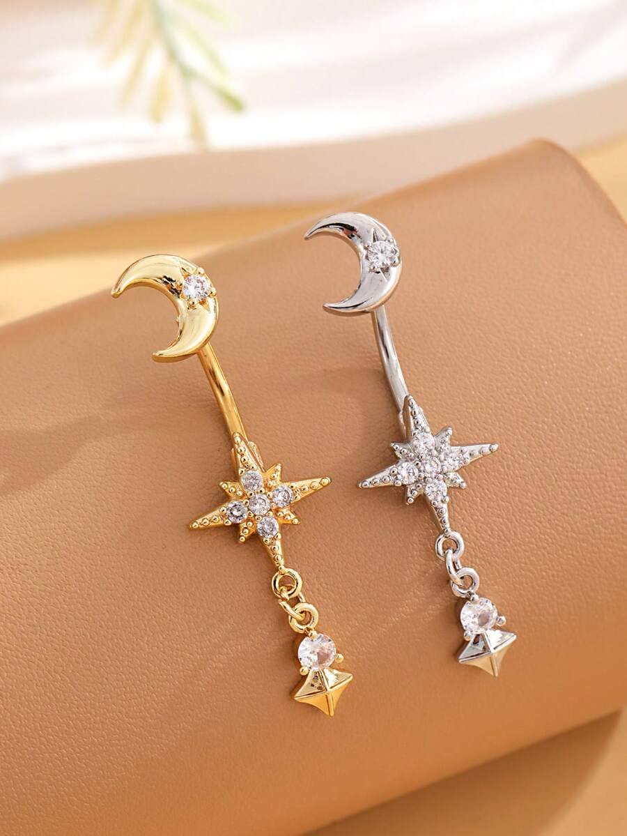 1 件不锈钢月亮和八角星肚脐环吊坠，性感肚脐穿孔首饰，适合日常佩戴 - 銀色 - 查看 1