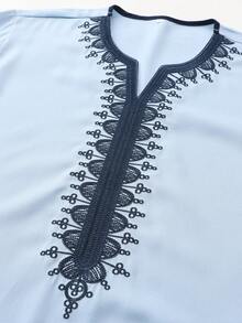 Ropa musulmana para hombres, túnica marroquí de manga corta bordada, chilaba islámica holgada para hombres, ropa árabe tradicional para hombres - Celeste - Ver 5